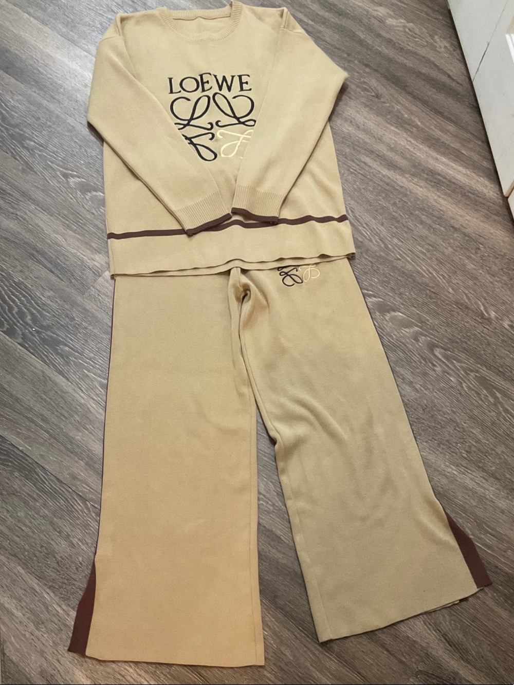 LOEWE Beige Knit Logo Sweater & Wide-Leg Pant Set with Brown Trim (NOT PYJAMAS)